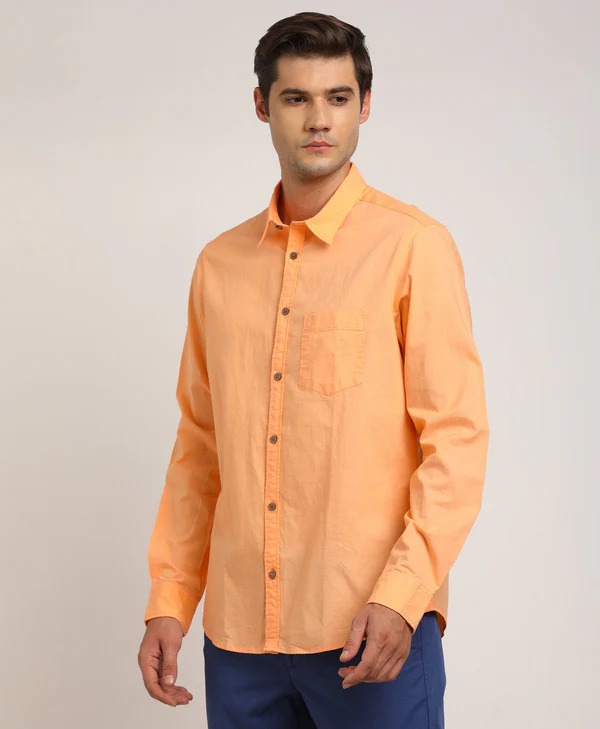 Indian Terrain Men's Regular Fit Full Sleeve Solid Orange Shirt